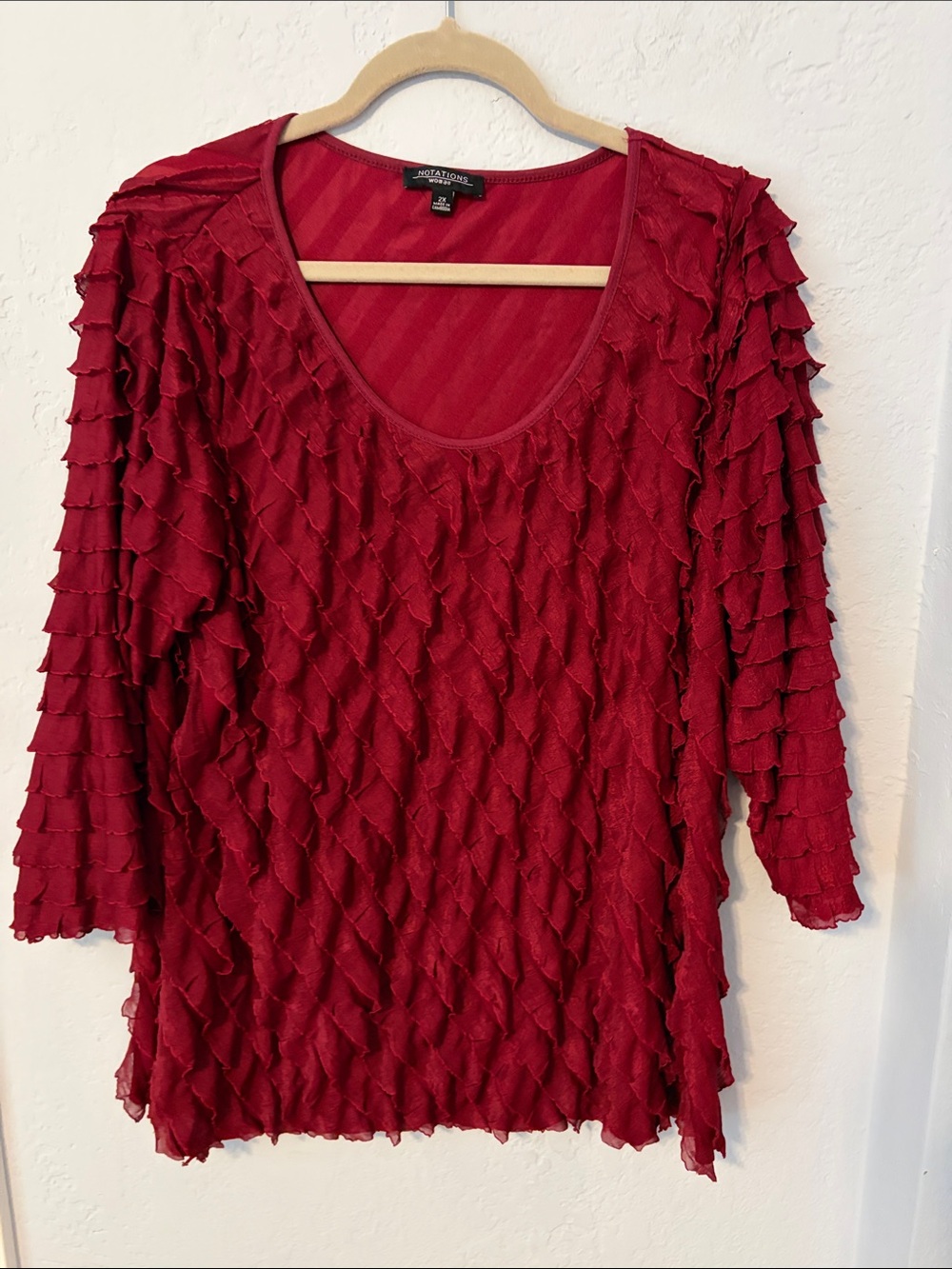 Notations Red Ruffled Scoop Neck Long Sleeve Top